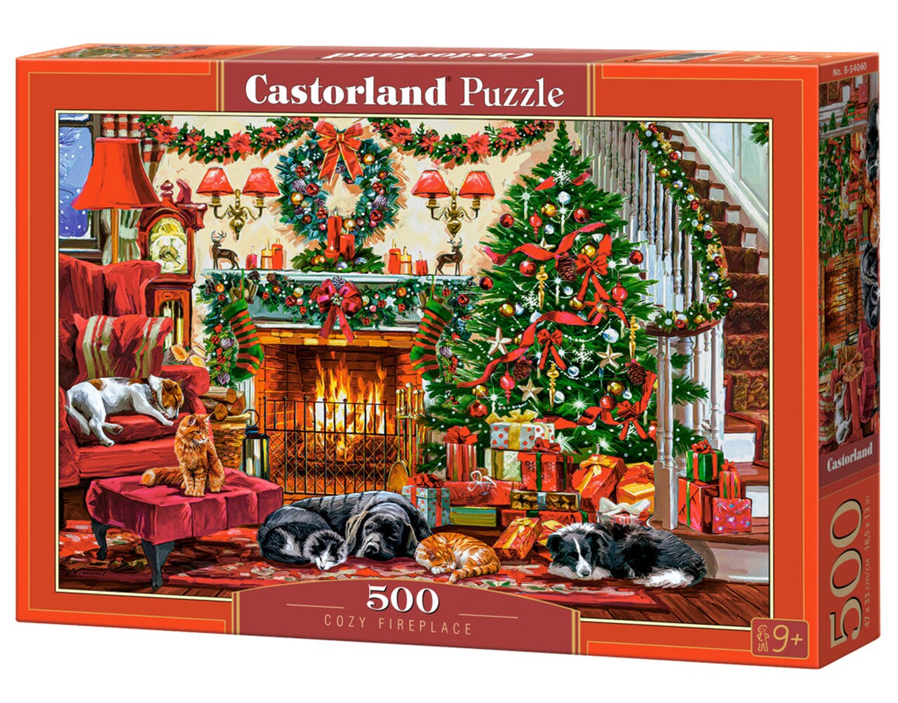 500 Piece Jigsaw Puzzle, Cozy Fireplace, Christmas living room, Decorated tree, Fireplace and sleeping dogs, Festive holiday art., Adult Puzzle, Castorland B-54060